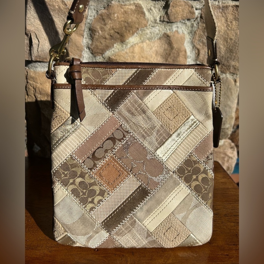 Coach Patchwork Khaki Brown Denim Swingpack Crossbody 41705 Y2K - Picture 3 of 16